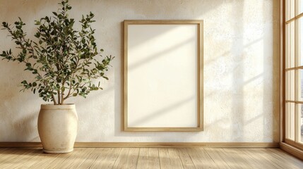 White framed picture sits in a room with a large potted plant