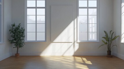 Obraz premium Bright and airy minimalist room interior with sunlight streaming through windows, featuring a blank canvas and potted plants