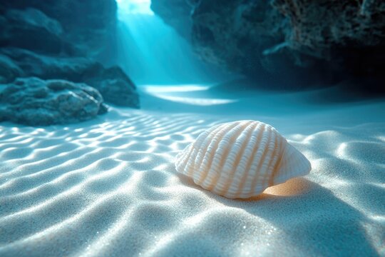 A single seashell rests on a sunlit, underwater sandy seabed, near rocks.