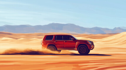 Obraz premium SUV Driving Across a Rugged Desert Landscape, with Blurred Sand Dunes and a Distant Mountain Range in the Background