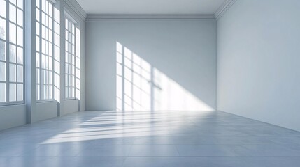 Bright and Spacious Empty Room with Sunlight Streaming Through Large Windows