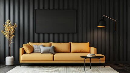 Living room with a black wall and a yellow couch. , Copy Space and Blank Frame