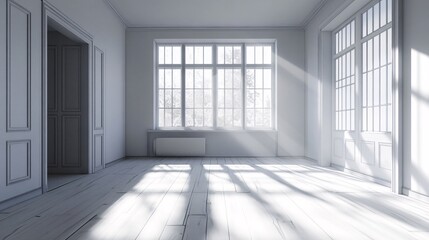 Bright Sunlight Streaming Through Windows in an Empty White Room with Wooden Floors
