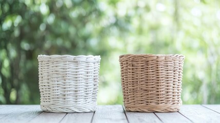 Two woven baskets on wooden surface, out of focus greenery in background. Possible use Home decor or lifestyle photography