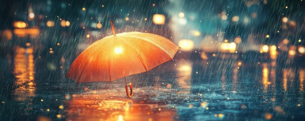 Illuminated umbrella in rainy cityscape at night