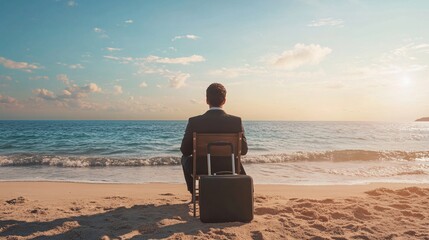 Fototapeta premium Businessman Relaxing on Beach at Sunset, Contemplating Future Opportunities