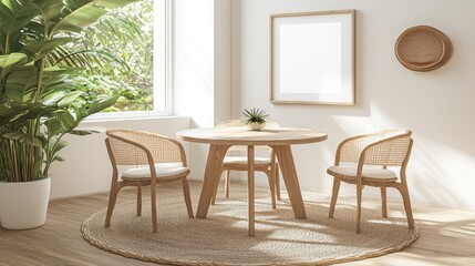 Wooden table with four chairs around it and a potted plant in the background