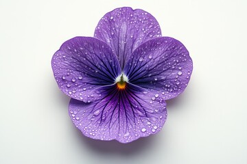 A vibrant purple pansy, glistening with morning dew, displays its intricate petals.