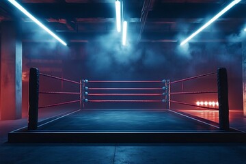 Red boxing ring positioned in the center of a dramatic, empty room, illuminated by neon lights and surrounded by swirling smoke, creating a powerful and intense atmosphere