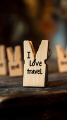A small wooden label with the words "I love travel" written on it
