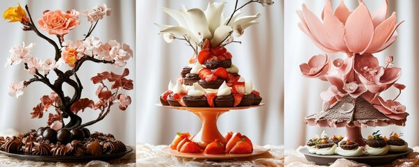 Exquisite chocolate sculptures with flowers and strawberries on display