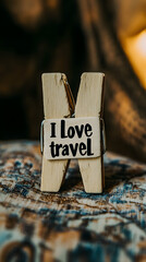 A small wooden label with the words "I love travel" written on it
