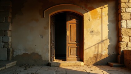 Open shutters, An old wooden shutter slightly ajar under golden sunlight casting shadows on stone walls