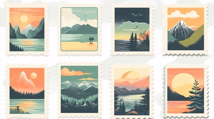 Collection of Eight Pixel Art Landscape Stamps: Sunsets, Lakes, Mountains, and Forests