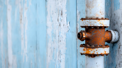 Rusty pipe valve on weathered blue wall. Industrial background