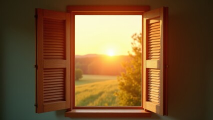 Fototapeta premium Open shutters, Bird's-eye view of open shutters in a countryside cottage at sunrise golden light HDR photorealistic textures