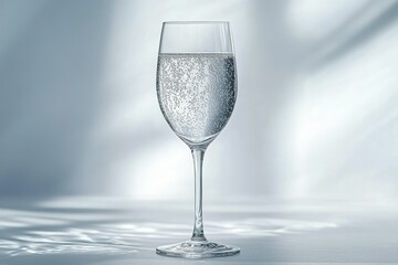 A tall, clear glass filled with sparkling water sits on a light gray surface.
