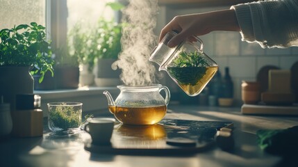 Hair loss in a sunny kitchen, a person brewing herbal tea. Featuring tradition and natural care