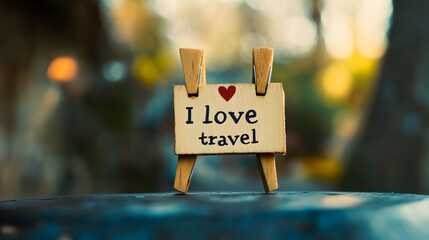 A small wooden label with the words "I love travel" written on it
