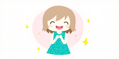 joyful young girl in teal polka dot dress