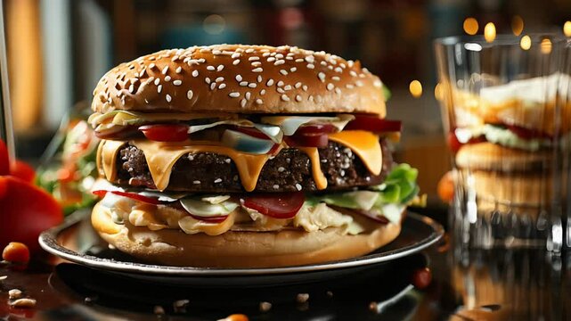 colorful, tasty meat burger with fire in background, fast food concept