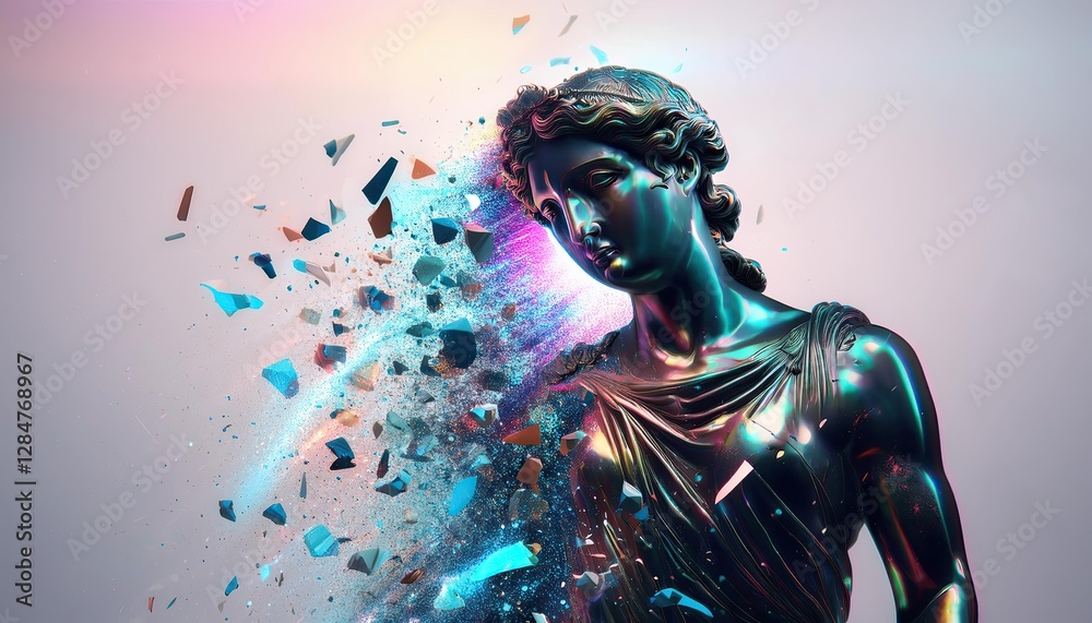 Poster glitching statue with digital fragments breaking away in a surreal artistic representation