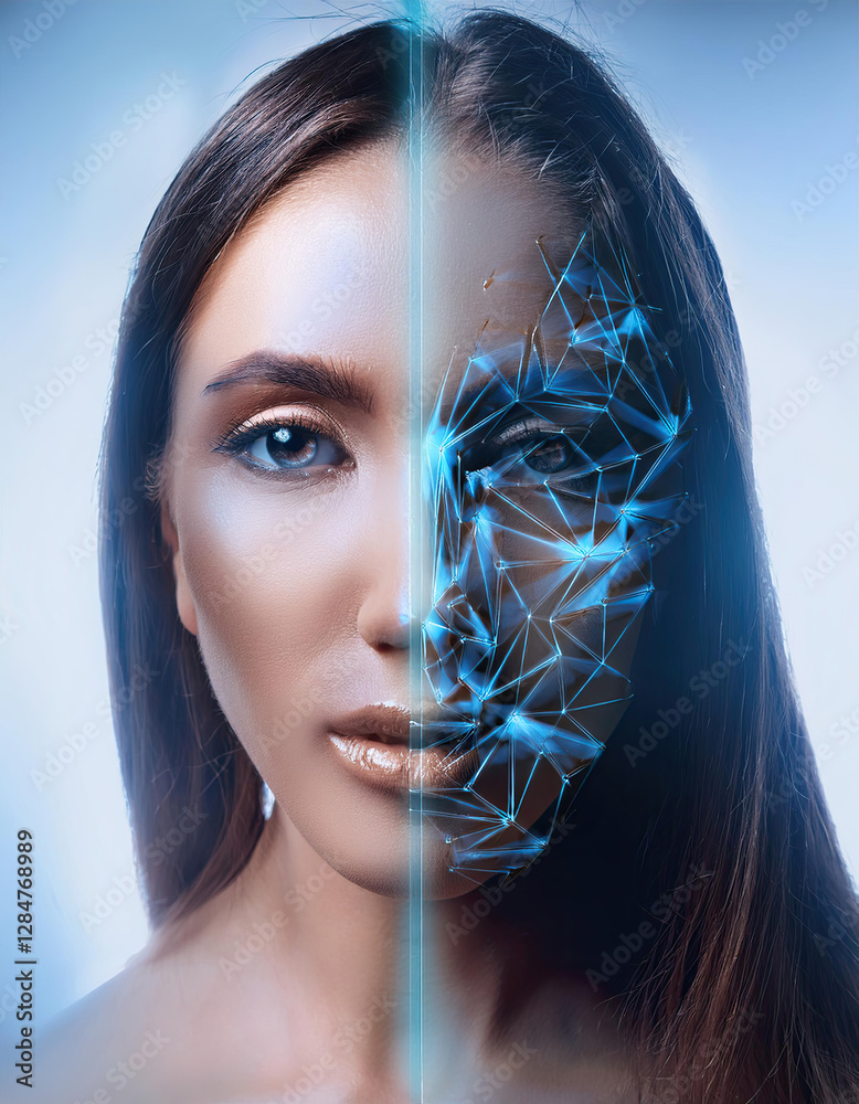 Poster transformation of human features into a digital avatar showcasing technological evolution