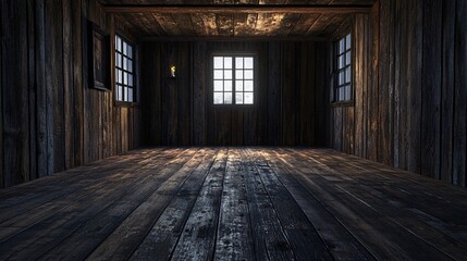 Obraz premium Dark and Rustic Interior of an Old Wooden Cabin with Worn Wooden Floors and Walls