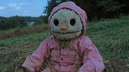 Creepy scarecrow in pink overalls sits in field. Halloween decoration