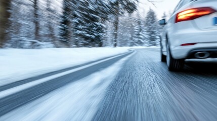 Snowy road car driving fast winter scene