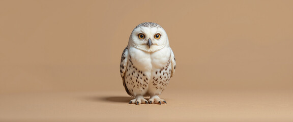 Obraz premium Snowy owl with striking white feathers and black spots exuding a serene yet curious demeanor while standing against a smooth beige background