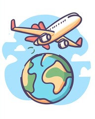 Cartoon airplane flying around the world,  cartoon airplane traveling around the globe, Airplane flying over a colorful globe illustration.