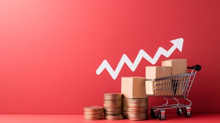 E-commerce Business Growth Concept: Rising Sales and Financial Success with a Shopping Cart, Coins and Growth Chart on a Red Background