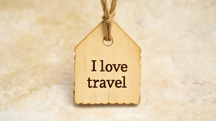 A small wooden label with the words "I love travel" written on it
