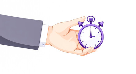 hand in a business suit holds a purple stopwatch symbolizing time management and efficiency.