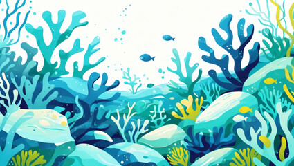 Cartoon coral reef environment with blue vegetation, small rocks, yellow fish, and small swimming blue fish.