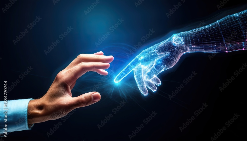Poster Holographic Hand Creating a Connection With a Human Hand in a Futuristic Setting