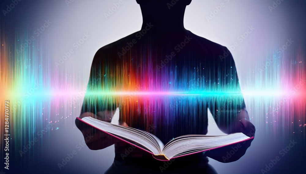 Poster human silhouette immersed in sound waves while reading a book in a tranquil environment