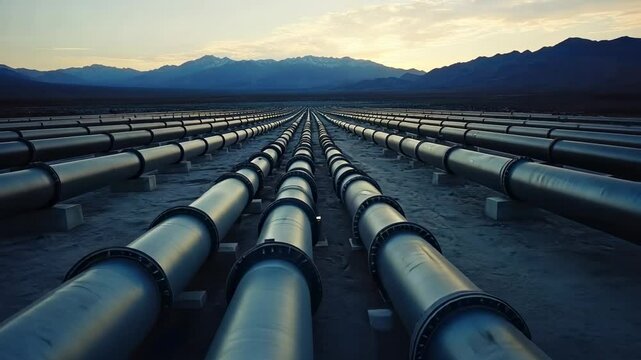 Vast Pipeline Network Against Mountainous Landscape at Sunset
