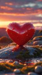 Fototapeta premium A captivating red heart, adorned with dewdrops, rests on a mossy stone as the sun sets, casting a warm glow over a serene landscape.