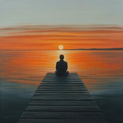 Solitary Man on Sunset Pier - Contemplative Figure with Reflective Water, Orange-Pink Sky, and Thoughtful Mood, Photorealistic Scene for Commercial Use