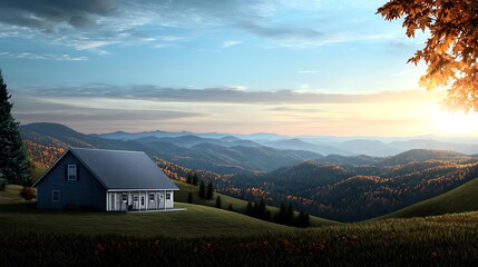Serene countryside landscape featuring a cozy house surrounded by rolling hills at sunset