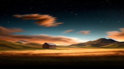 Serene countryside landscape featuring a rustic barn under a starry night sky with rolling hills