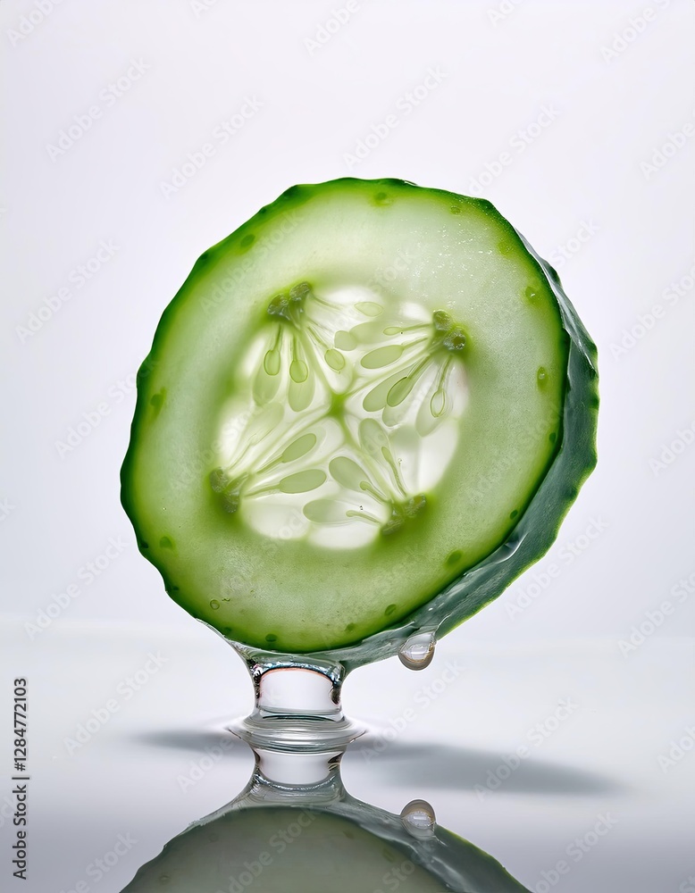 Poster Floating Cucumber Slice Showcases Freshness in Minimalistic White Space