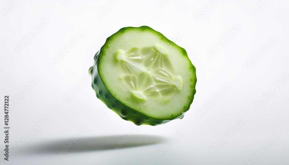 Poster Floating Cucumber Slice Showcasing Vibrant Green Color and Delicate Seeds in Minimalistic Space
