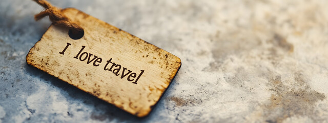 A small wooden label with the words "I love travel" written on it
