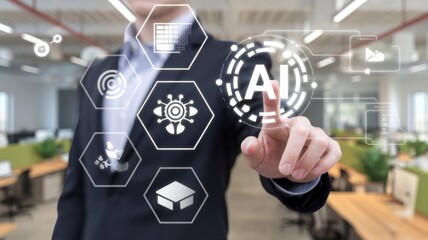 Businessman touching the brain working of Artificial Intelligence (AI) Automation, Predictive analytics, Customer service AI-powered chatbot, analyze customer data, business and technology