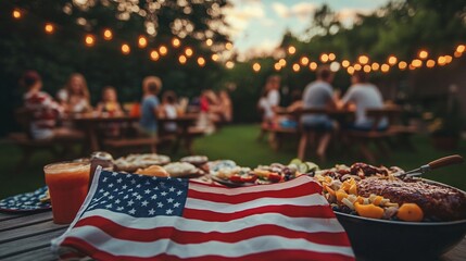 Fototapeta premium Family gathering at a summer barbecue with an American flag