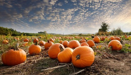 a serene scene features pumpkins in a field bathed in a white sky of fluffy clouds