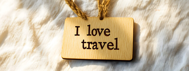 A small wooden label with the words "I love travel" written on it
